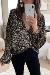 Hnewly - Casual Solid Sequins V Neck Tops Black Gold / S Tops/Long Sleeve